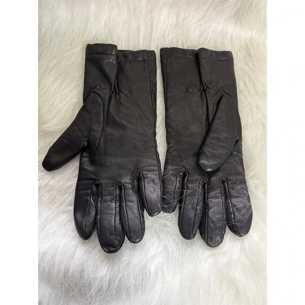 Vintage Cashmere Lined Leather Gloves Women Small Black Winter Warm Excellent